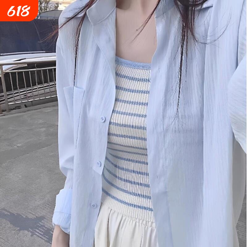 蓝色亚麻防晒衬衫女2026新款夏季轻薄小个子开衫长袖袖套外套上衣
