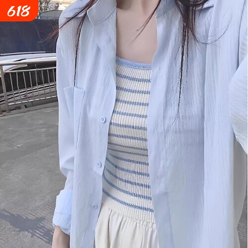 蓝色亚麻防晒衬衫女2026新款夏季轻薄小个子开衫长袖袖套外套上衣