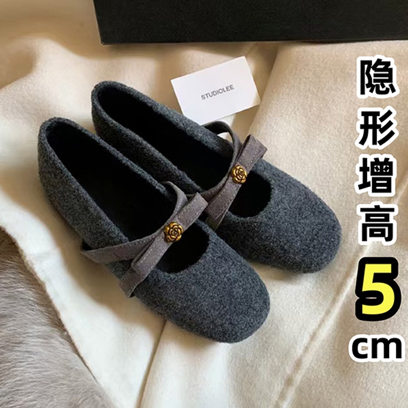 羊绒版~山茶花内增高5cm毛毛玛丽珍鞋子女秋冬加绒蝴蝶结单鞋平底