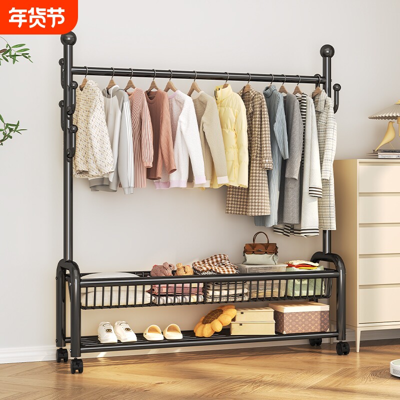 挂衣架落地卧室家用房间室内双杆晾晒衣服架子可移动多功能衣帽架