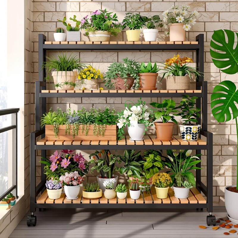 多层架花架置物架阳台客厅落地式可移动新款多肉花盆一体带轮靠墙