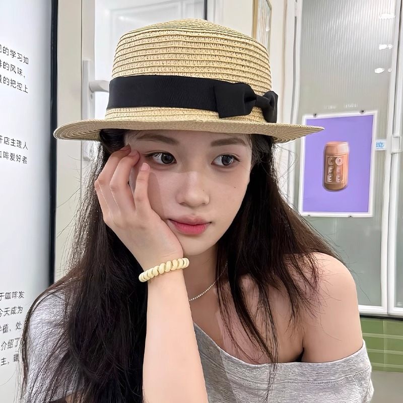 法式出游小帽檐平顶草帽女夏复古度假英伦风礼帽蝴蝶结防晒遮阳帽