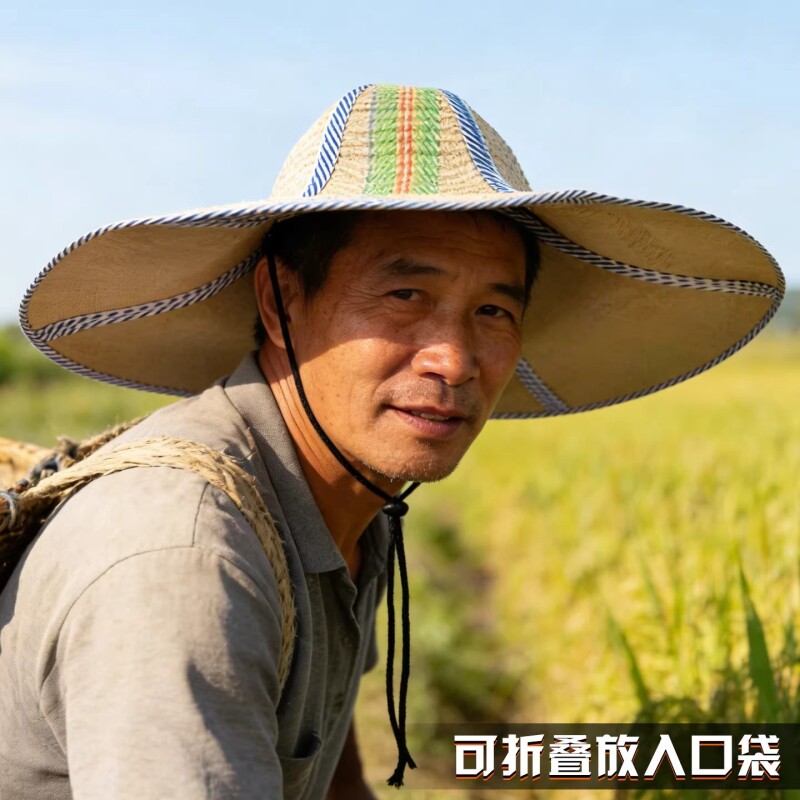 草帽男防晒折叠遮阳帽子农民下地草编斗笠干活钓鱼可折叠帽檐国标