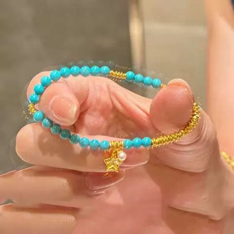 绿松石手串手链原矿高瓷玉石串珠蓝色转运金珠