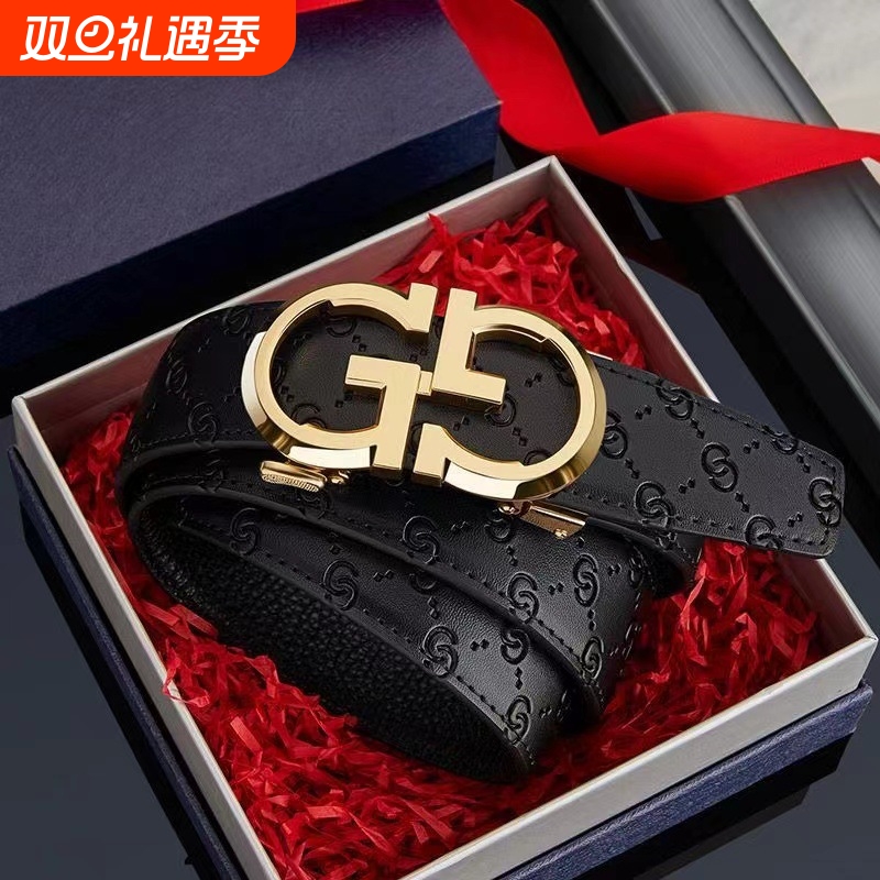 2025新款皮带男合金字母自动扣牛皮压花商务休闲腰带休闲商务裤带