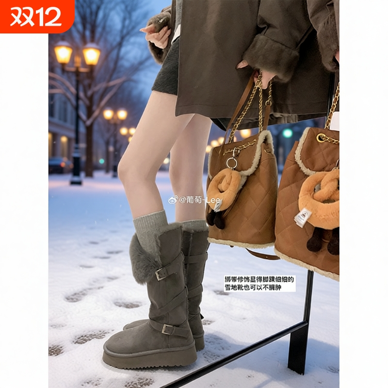 雪地靴女长筒2025冬新款加绒加厚保暖棉鞋高筒靴子灰色防水绒面
