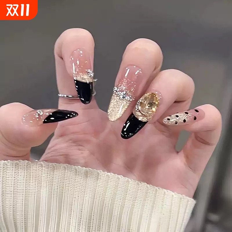 黑色法式猫眼穿戴甲片长款杏仁手工贴钻穿戴甲高级感黑皮固态蝴蝶