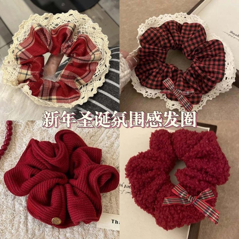 圣诞新年氛围红色大肠格子发圈发绳女生高级秋冬发圈复古头绳头饰
