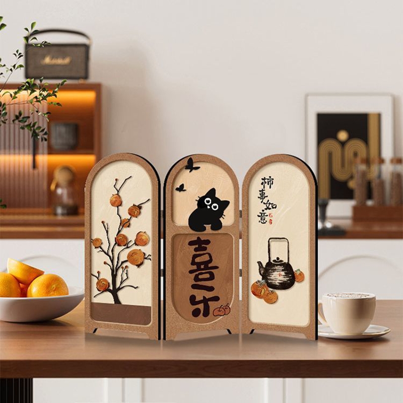 柿事如意中古风入户玄关柜桌面摆台客厅电视柜寓意好小屏风摆件