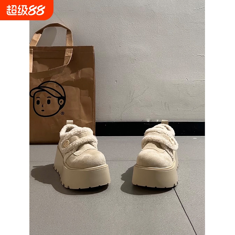 白色复古增高厚底加绒雪地棉鞋女冬2025新款加厚保暖毛毛勃肯鞋子