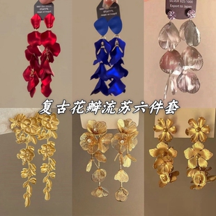 复古轻奢红色花瓣耳环女耳夹个性夸张气质长款耳坠小众设计感耳饰