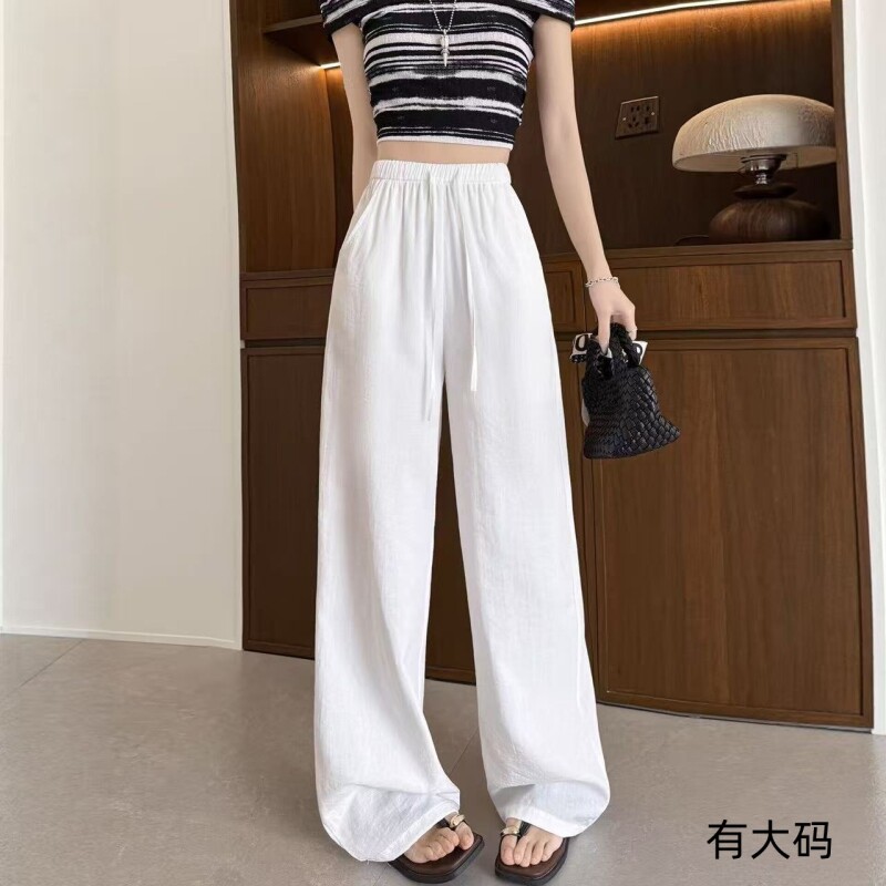 老钱风慵懒麻料白色裤子女夏宽松休闲棉麻苎亚麻感冰丝阔腿裤大码
