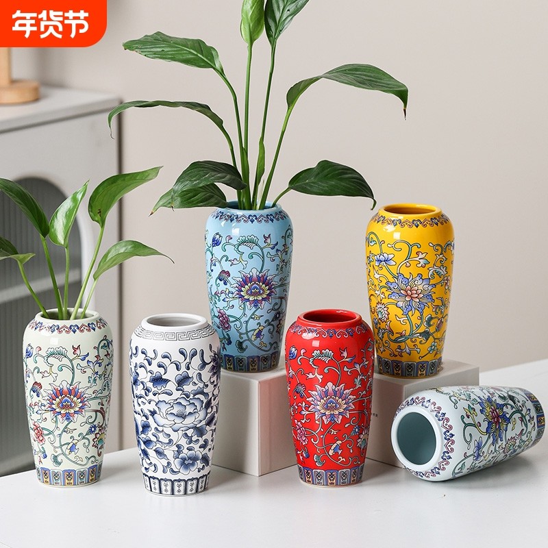珐琅彩新中式陶瓷花瓶客厅插花高级感摆件轻奢干花鲜花插水培养花
