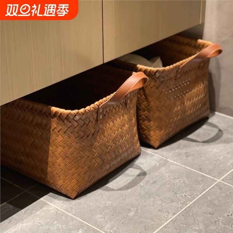 可水洗！复古高级仿藤编收纳筐零食玩具脏衣篓杂物储物框野餐篮子