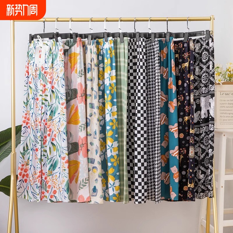 2025新款夏季女士棉绸睡裤可外穿人造棉九分阔腿家居裤花长裤子绵