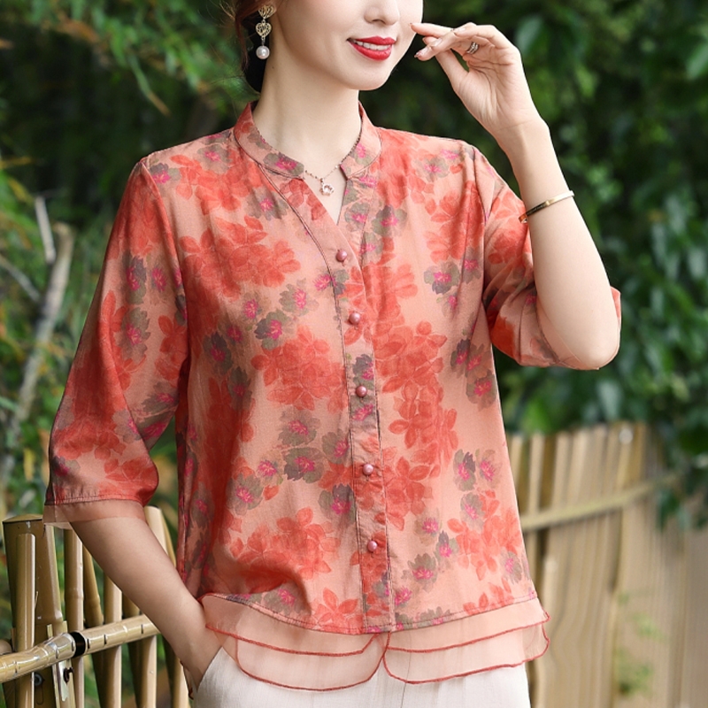 妈妈款洋气年轻上衣中老年人女装夏装短袖衬衫套装2025新款夏季薄