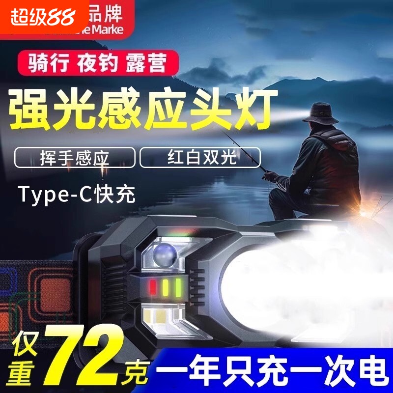 德国夜钓鱼专用头灯2025新款强光感应户外超长续航100小时头戴式