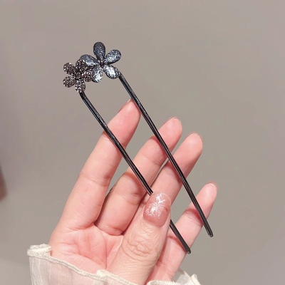 感琉璃花朵u型发簪女后脑勺盘发簪子现代简约丸子头插梳发钗水钻