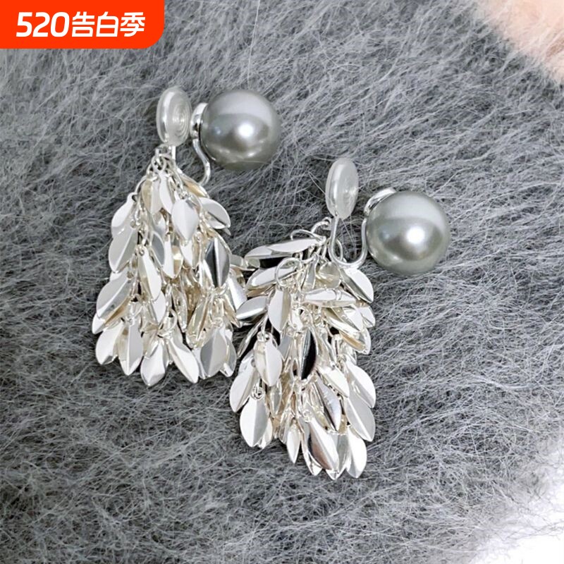 粼粼清冷灰色珍珠流苏耳环女显脸小蚊香盘无耳洞耳夹耳饰麦穗无痛