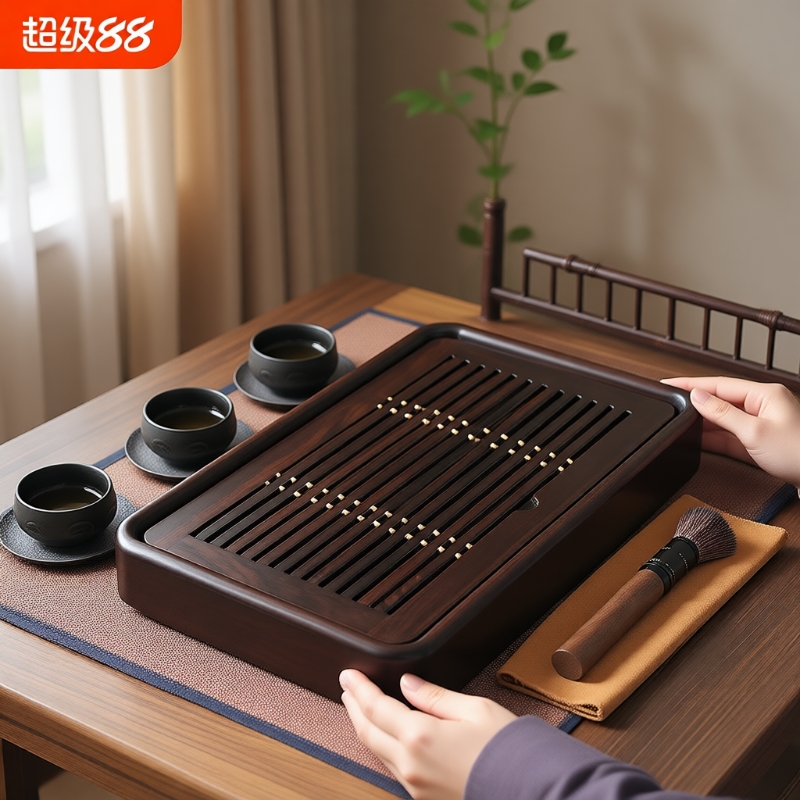 尚言坊新中式长方形黑檀木茶盘