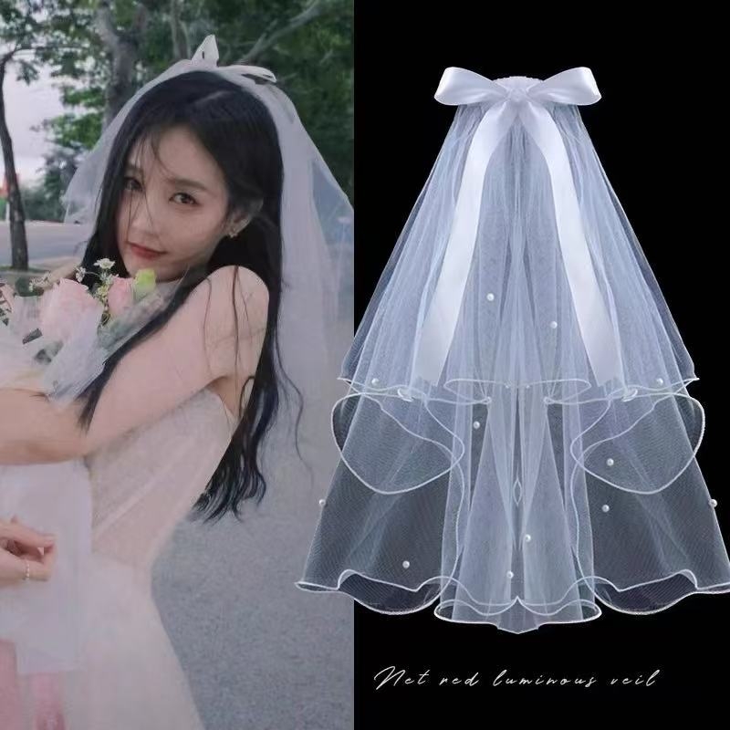 领证头纱求婚登记拍照道具新娘主婚纱简约蝴蝶结头饰长款轻纱发饰