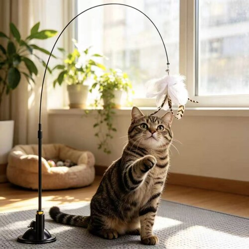 懒人自动逗猫棒羽毛吸盘带铃铛