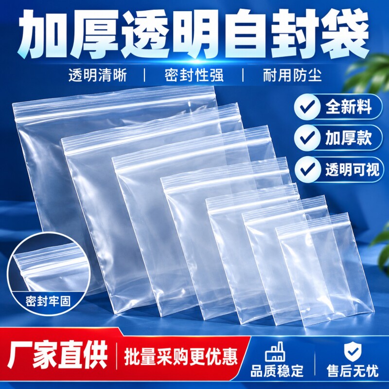 加厚塑料自封袋密封袋透明食品小号塑封口袋子保鲜收纳PE大包装袋