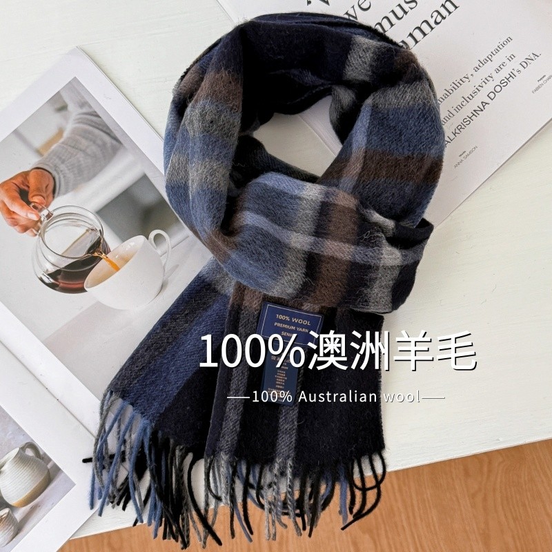精选澳洲wool纯羊毛格纹围巾韩版格子男女通用情侣款冬季保暖围脖