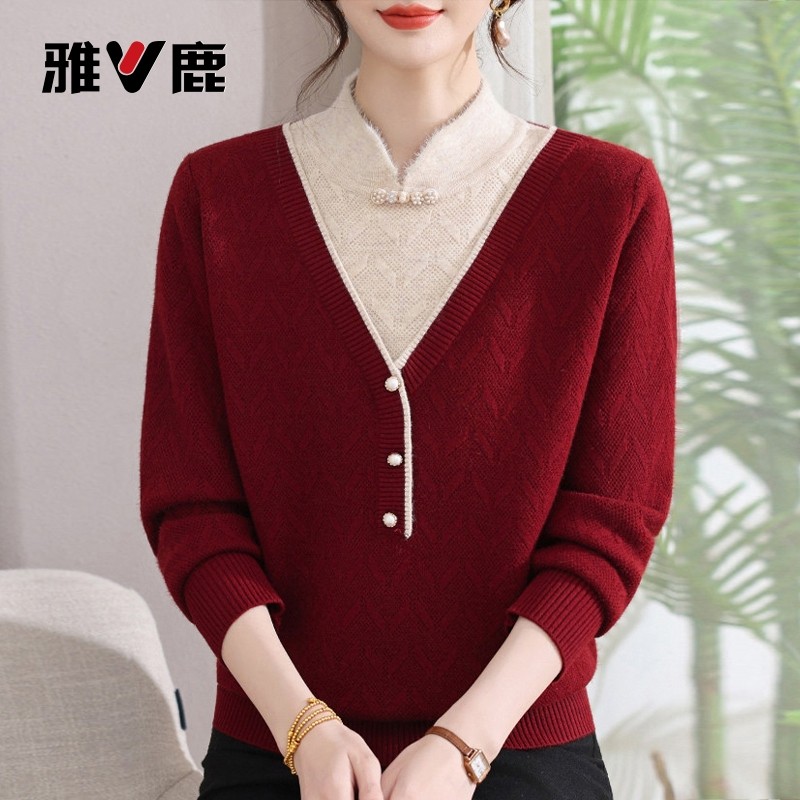 雅鹿妈妈冬装假两件加绒加厚毛衣打底衫保暖旗袍领针织上衣小个子