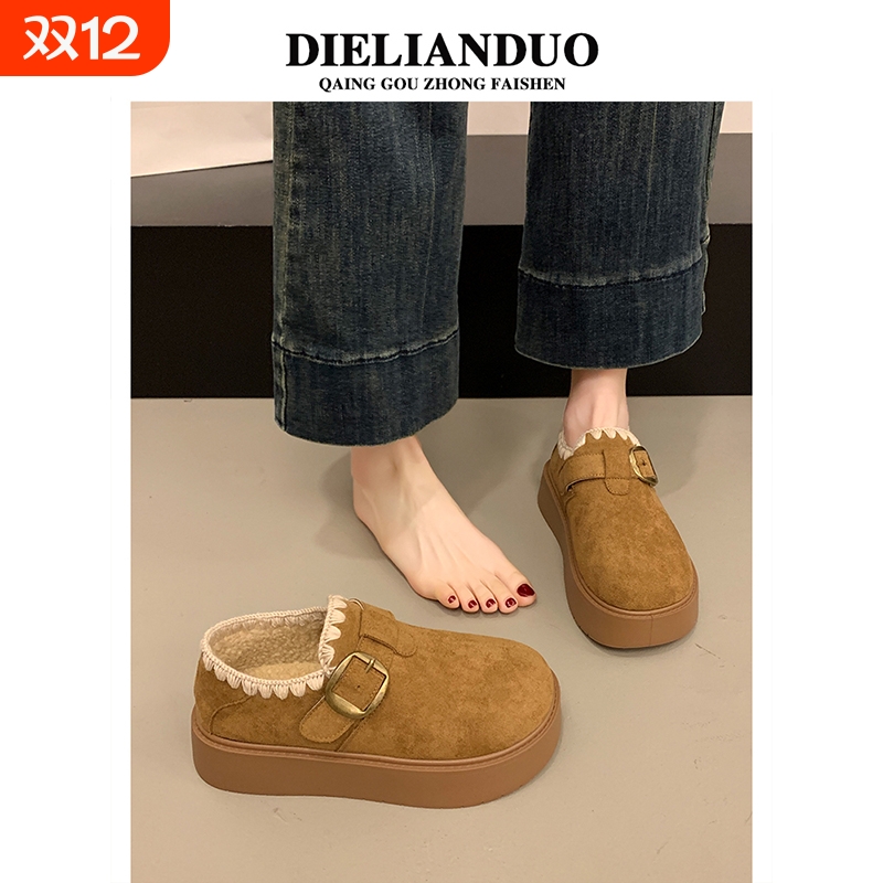 加绒勃肯鞋女2025秋冬季新款厚底保暖棉鞋毛毛加厚豆豆博肯雪地靴