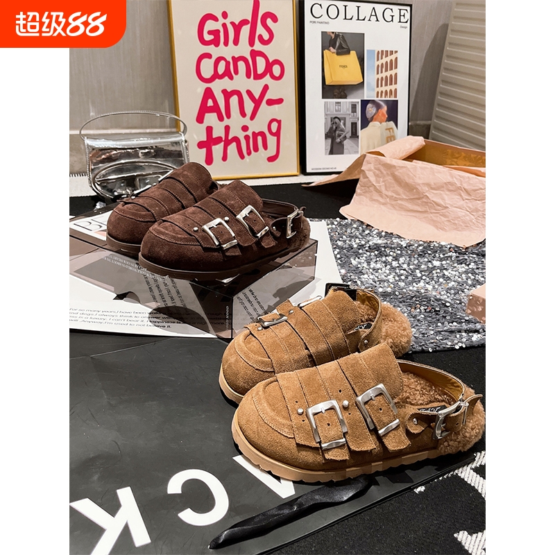 2025年秋新款磨砂真皮金属扣大头羊羔毛毛鞋包头半拖鞋勃肯鞋女鞋