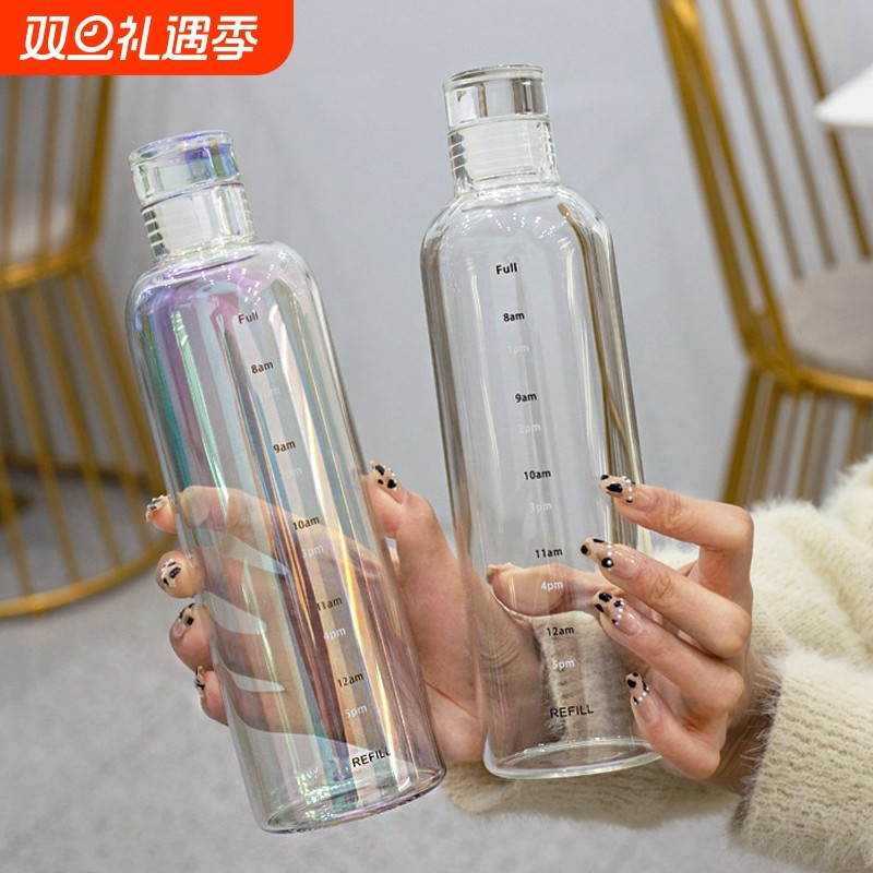 网红时间刻度玻璃杯高颜值饮料果汁杯子便携随手杯大容量透明水杯