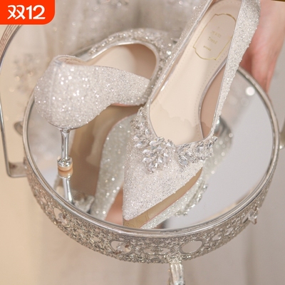 银色细跟婚鞋女主婚纱婚礼订婚新娘鞋2025新款夏季水晶绝美高跟鞋