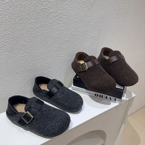 勃肯鞋女灰色秋冬新款毛呢厚底百搭两穿毛毛鞋加绒保暖穆勒鞋棉鞋