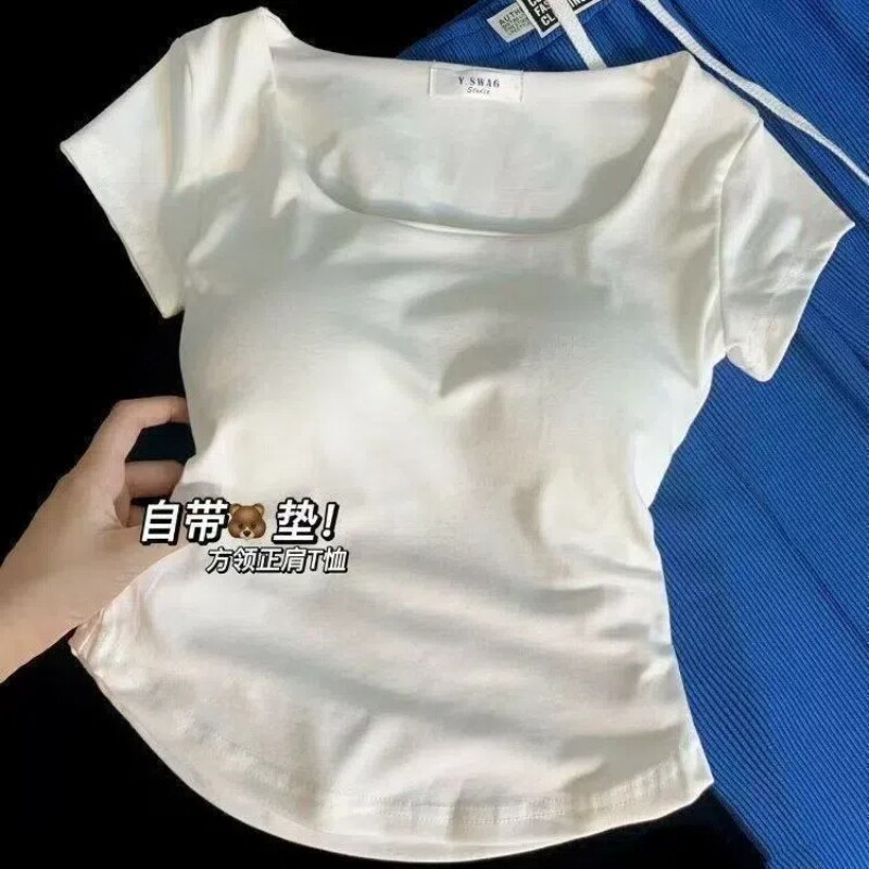 纯棉短款方领白色短袖t恤女纯欲百搭不规则夏季辣妹打底衫上衣女E