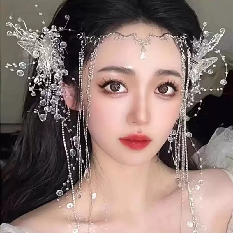 新娘头饰仙气眉心坠蝴蝶结流苏珍珠发夹女仙美森系水晶流苏发饰品