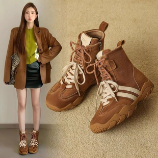 真皮短靴女马丁靴2025新款秋冬季内增高拳击靴厚底高帮德训鞋灰色
