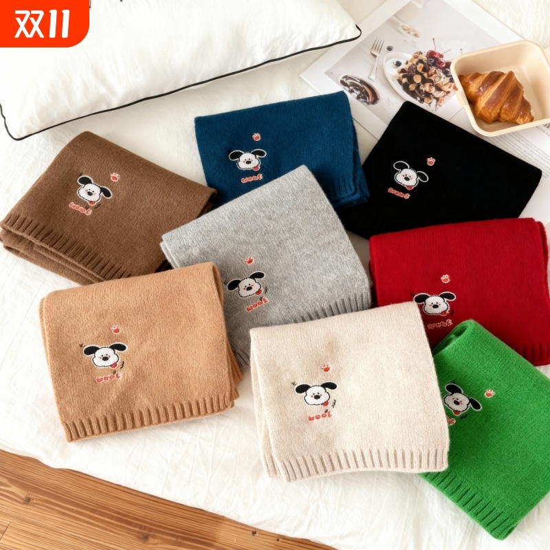 woof卡通刺绣小狗围巾女秋冬季新款可爱百搭高质感保暖围脖