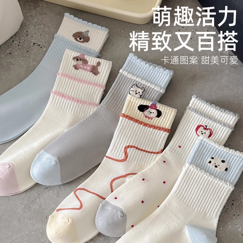 软糯袜子2025新款爆款女日系ins潮白色小清新刺绣中筒袜堆堆袜