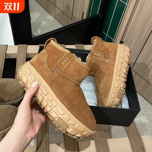 真皮短筒显瘦防滑加绒保暖东北棉鞋 轮胎厚底雪地靴女2025新款 冬季