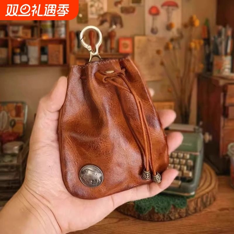 日系手工复古零钱包简约钥匙包多功能腰包男小挂包文玩核桃收纳包