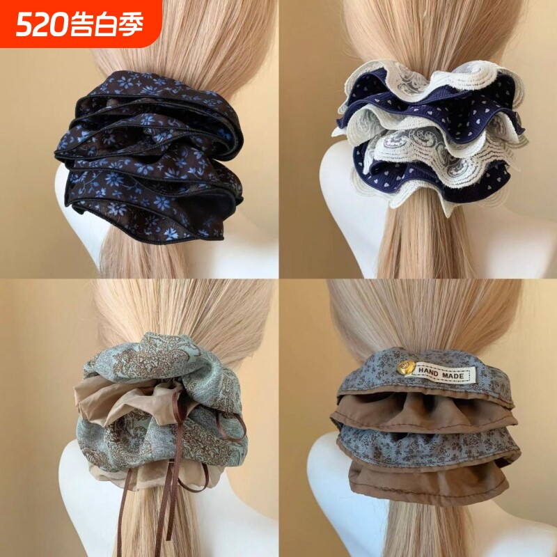 韩系重工藏青色波点蕾丝四层大肠发圈高级超大头发头绳头饰