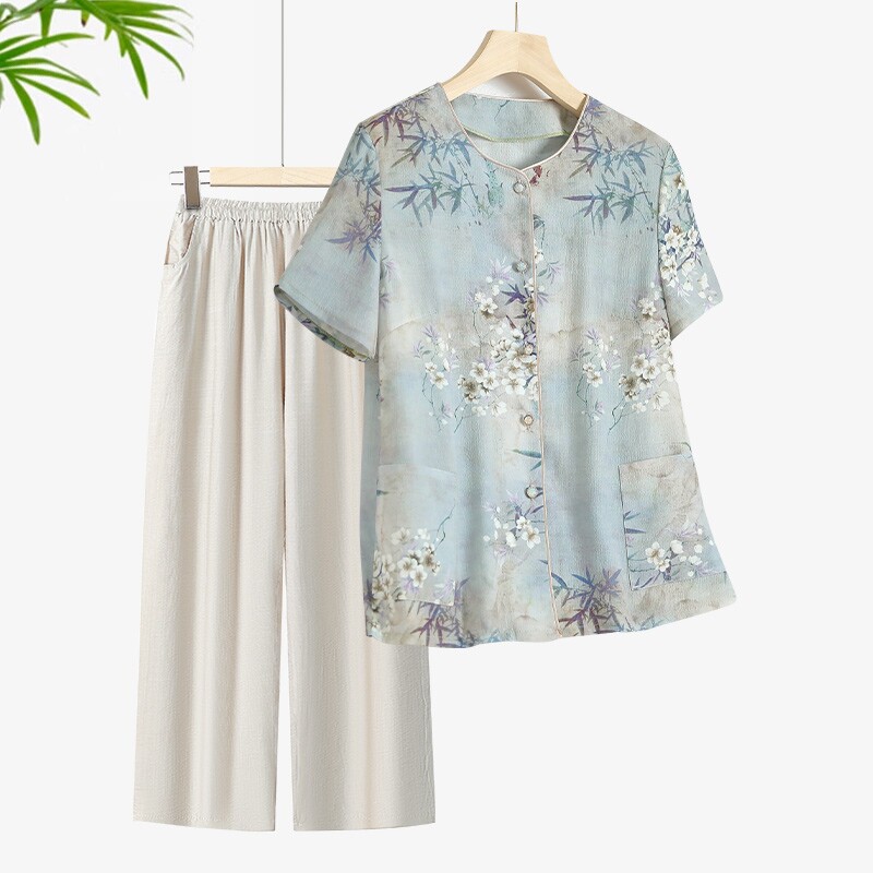 中老年人夏装衬衫女奶奶短袖上衣两件套妈妈夏季薄款老太太衣服