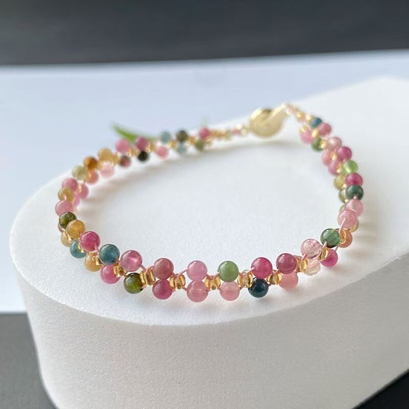 法式小众复古文艺优雅彩色碧玺真石编织花朵串珠日常简约气质手链