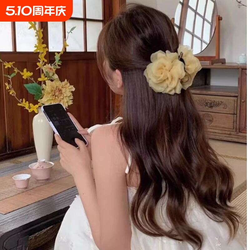 仙女超仙大花朵抓夹桃花款鲨鱼夹发饰中号紫色气质杏色温柔甜美