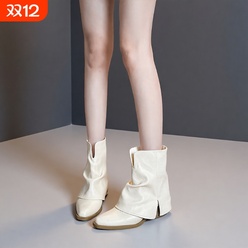 白色粗跟短靴女2025新款高跟瘦瘦靴尖头堆堆靴裤管夏款巨好看靴子