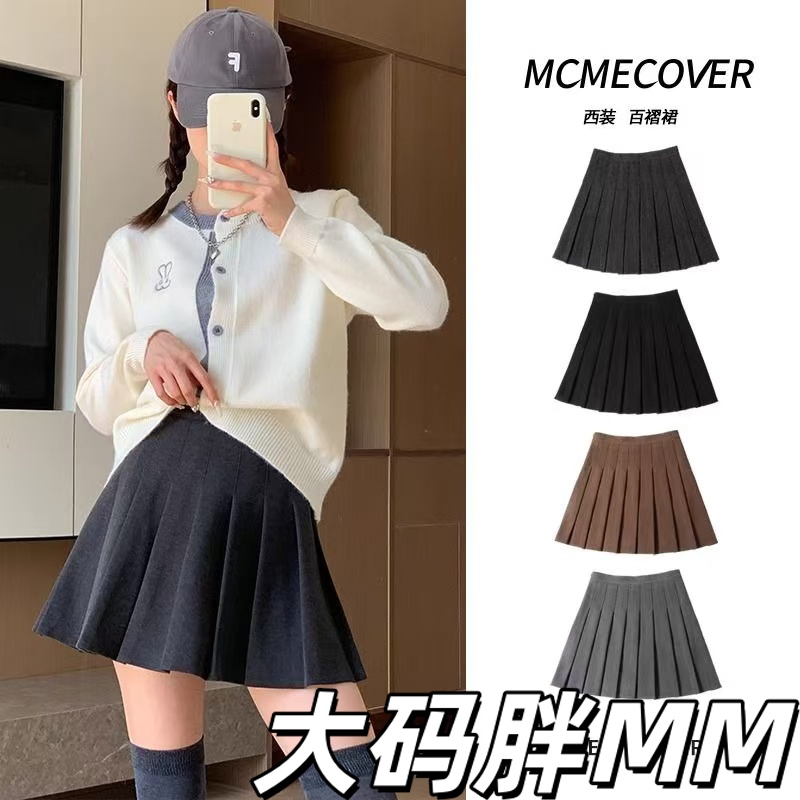 大码黑色毛呢百褶裙女半身裙春秋冬季2025新款高腰显瘦短裙a字裙