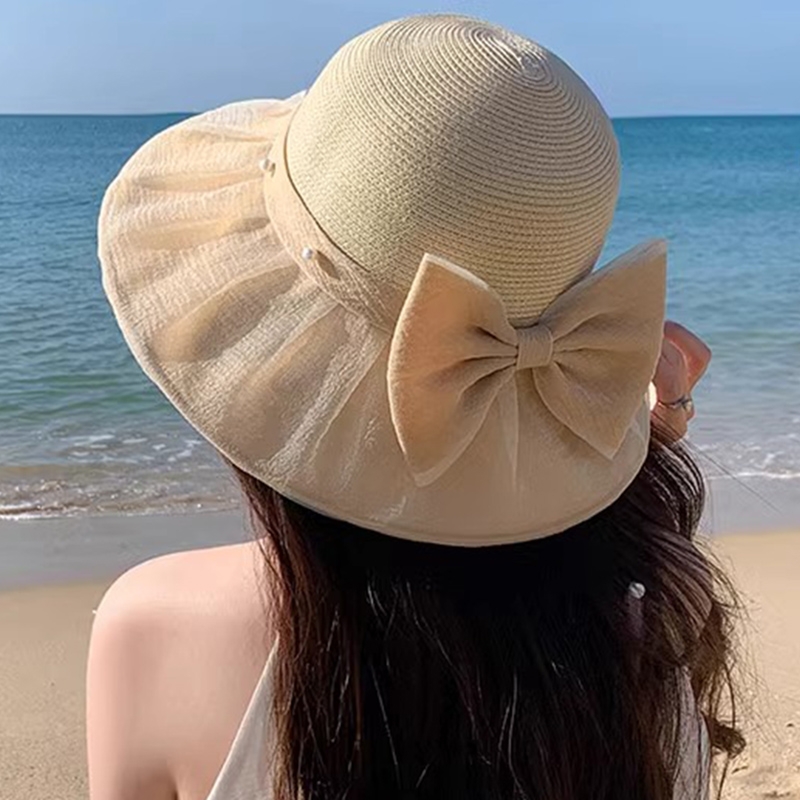 珍珠蝴蝶结欧根纱大檐渔夫帽子女夏季新款草帽户外防紫外线防晒帽