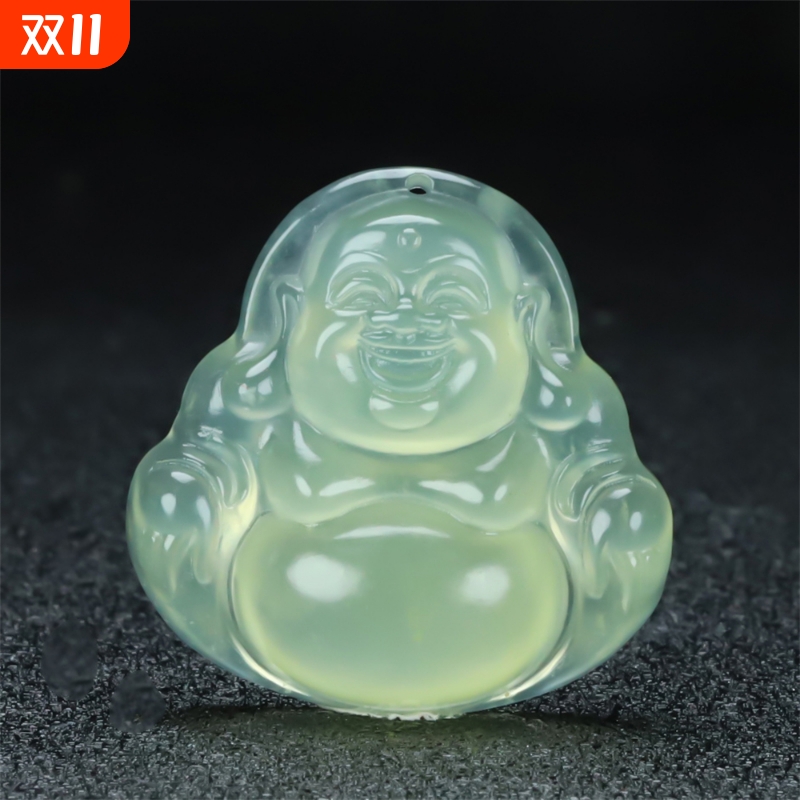 送证书天然高冰种浅绿色湖水绿岫玉弥勒佛玉石吊坠佛公大肚佛项链