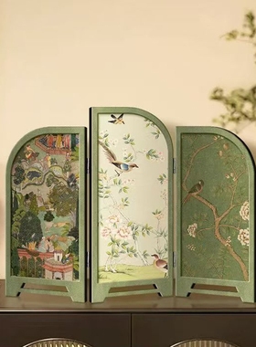 中古风仿古桌面摆件客厅创意小屏风装饰画花鸟山水玄关柜电视柜画